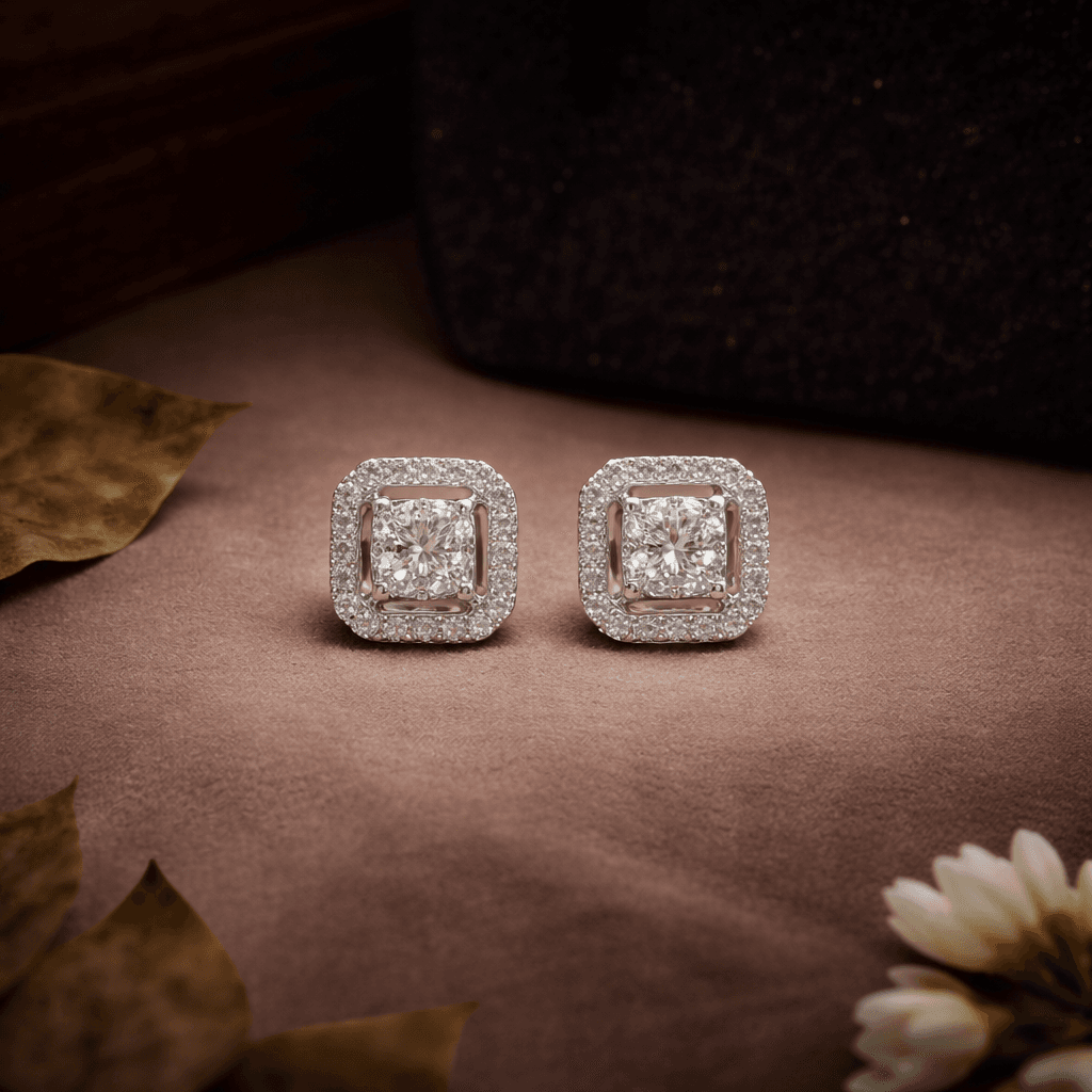 Grand Square Halo Diamond Studs